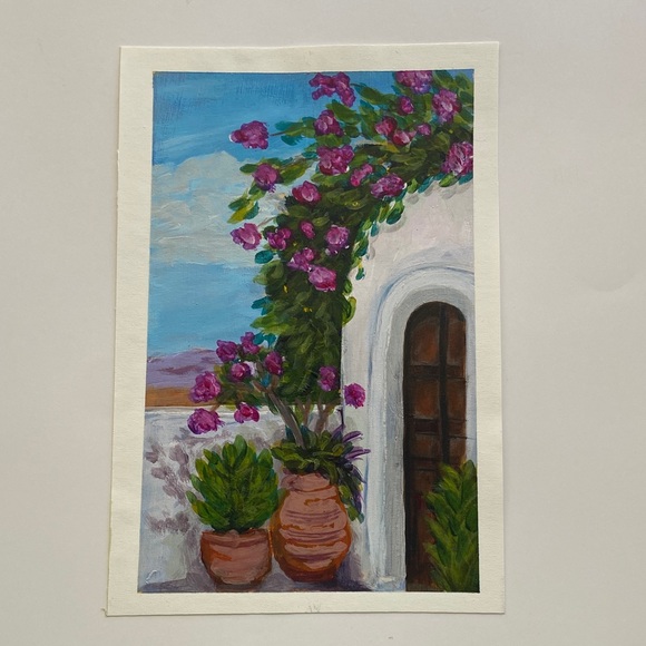 Greek Island Courtyard Floral Wall Art with Purple and Green Accents - Picture 3 of 6